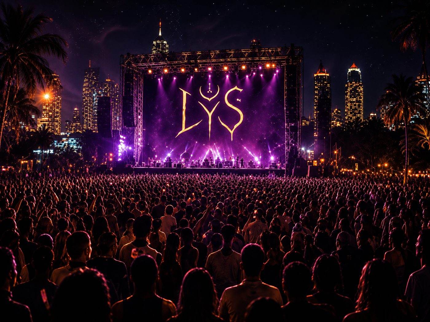 A crowd at an LYS live show, city skyline behind the stage, LYS mark lit above the crowd