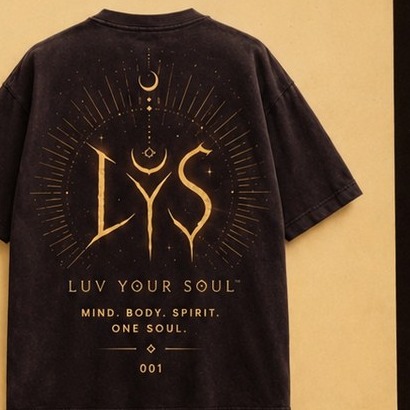 LYS Signature Tee, back — full garment, OG LYS celestial emblem
