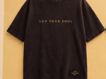 LYS Signature Tee, front — full garment, centered LUV YOUR SOUL wordmark in antique gold